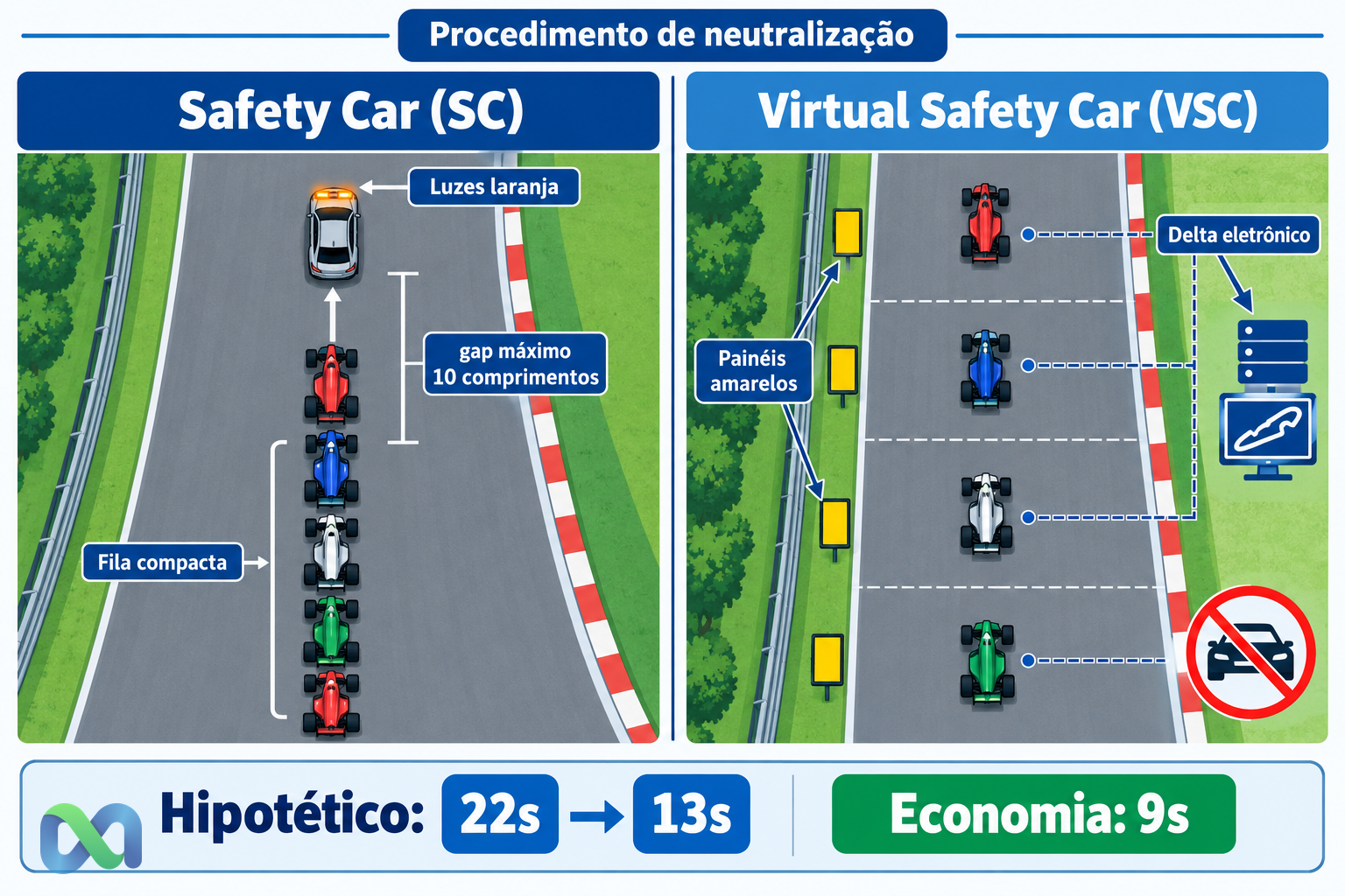 Diagrama educativo SC vs VSC na F1: painel esquerdo mostra fila física atrás do Safety Car com gap de ate 10 comprimentos de carro e luzes laranja acesas; painel direito mostra neutralizacao virtual com delta eletronico por setor e paineis amarelos. Valores hipoteticos didaticos: custo 22 s em bandeira verde, 13 s durante VSC. Diagrama nao representa escala real nem dados de nenhum GP.