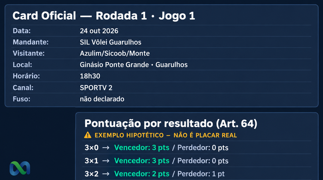 Diagrama educativo: card oficial Superliga Rodada 1 (24/10/2026) e pontuação hipotética por resultado de sets, Art. 64 do Regulamento Oficial